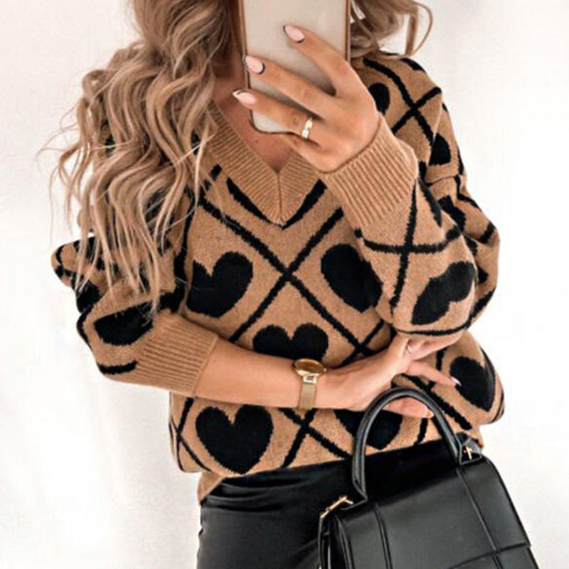 V-neck Pullover Love Knit Sweater