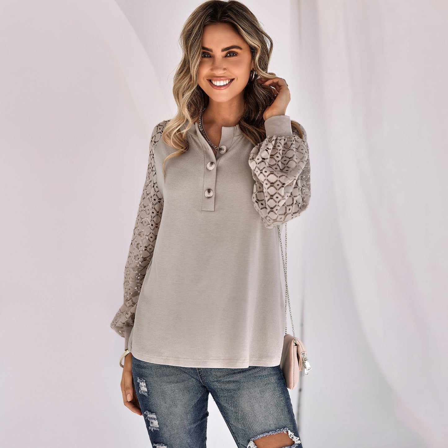 Casual Lace Button Top