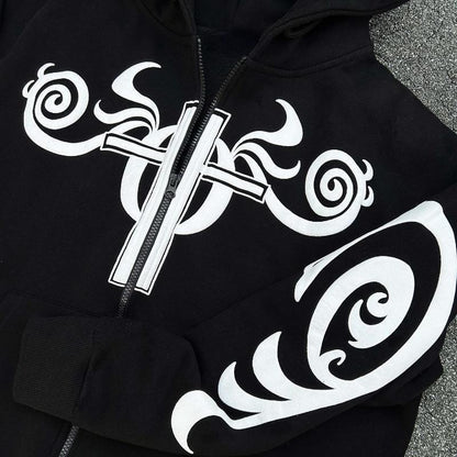 Long Zipper Letter Pattern Printed Hoodie