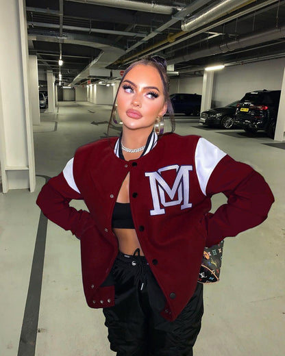 Solid Color Letter Offset Baseball Jacket