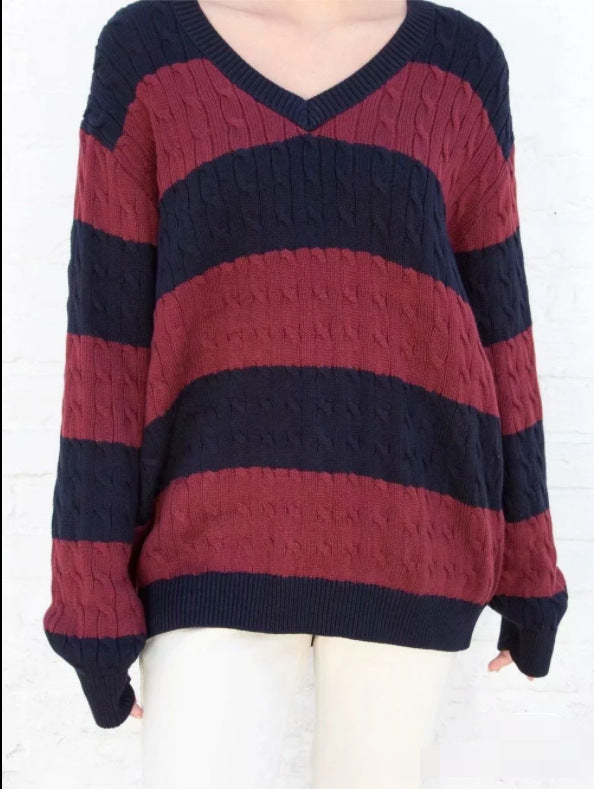 V-Neck Striped Twist Sweater