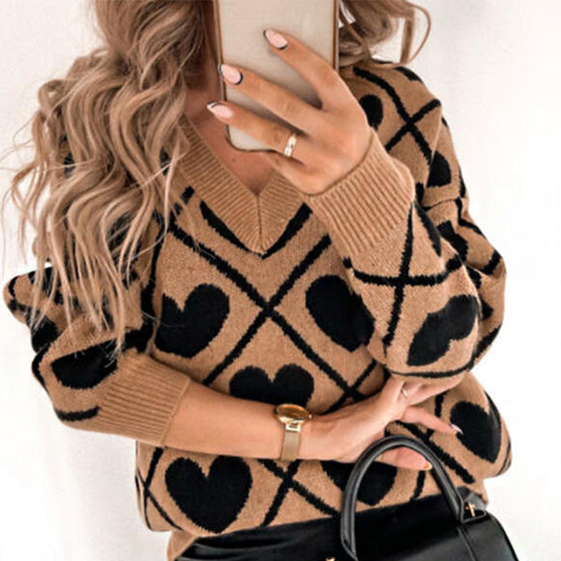 V-neck Pullover Love Knit Sweater