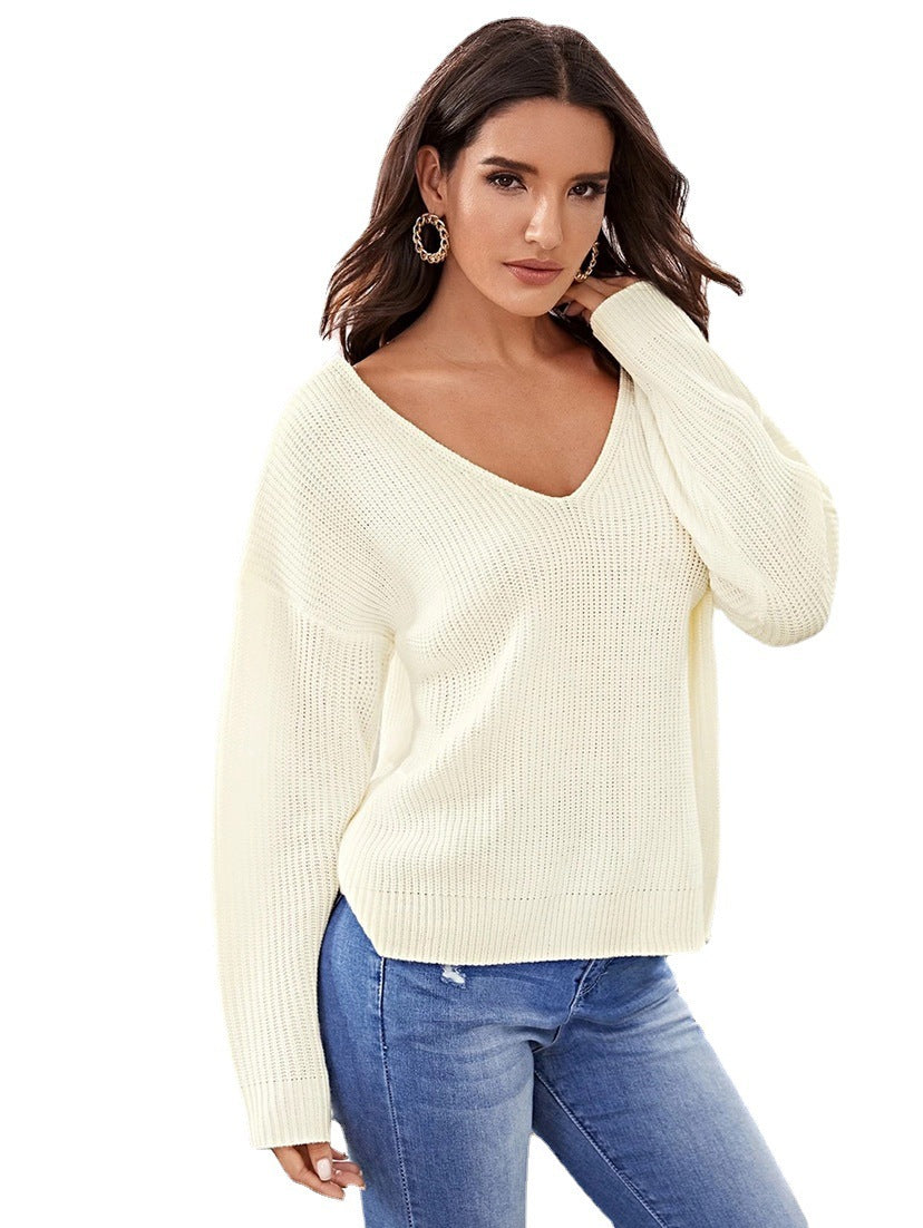 Solid Color V-neck Long Sleeve Pullover