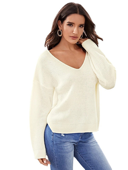 Solid Color V-neck Long Sleeve Pullover