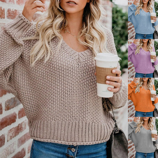 Loose Knit V-Neck Solid Color Pullover