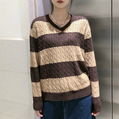 V-Neck Striped Twist Sweater