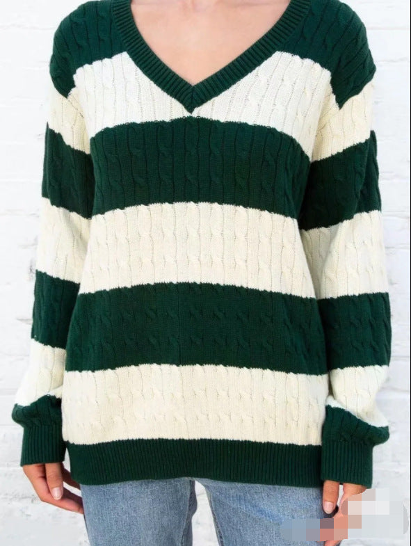 V-Neck Striped Twist Sweater