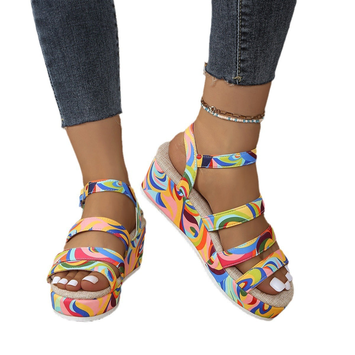 Colorful Peep Toe Buckle Sandals