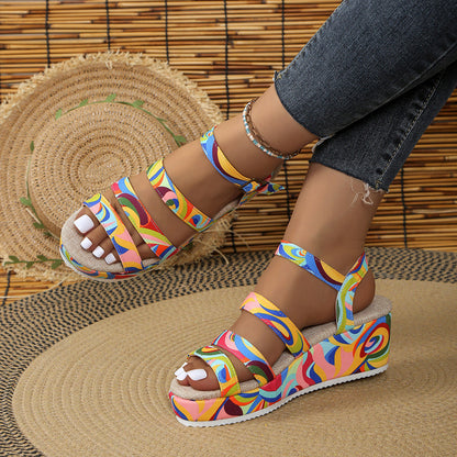 Colorful Peep Toe Buckle Sandals