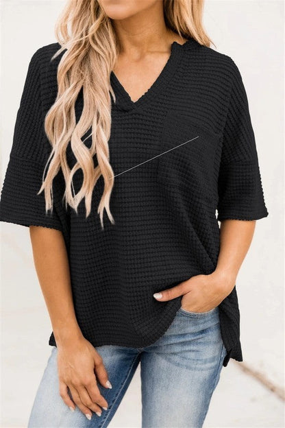 Short-sleeved V-neck Pocket Split Top